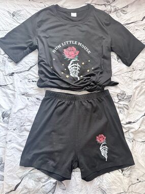 Black Two-Piece Lounge Set with Red Rose & Skeleton
